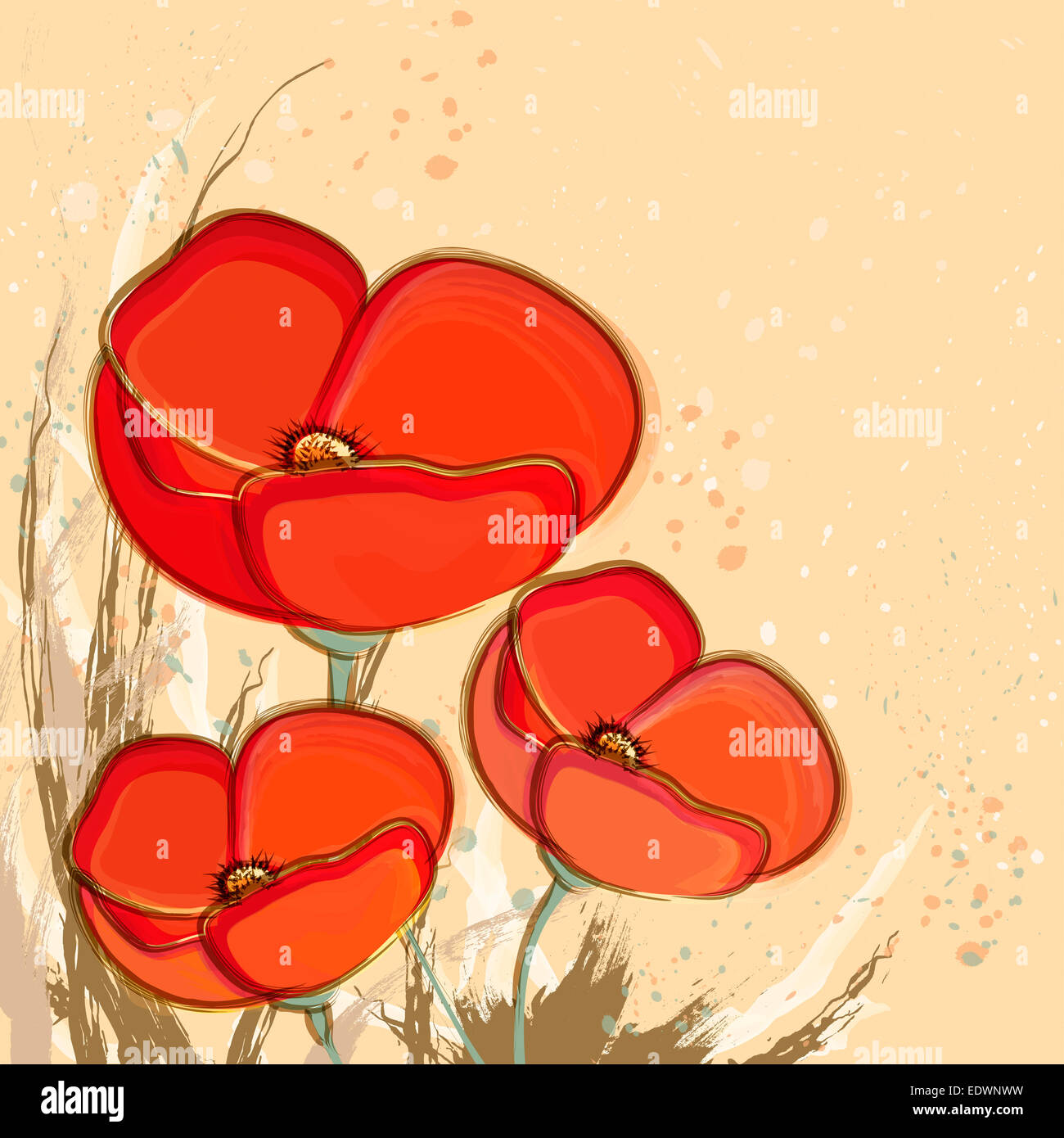 Decorative poppy flowers on light yellow background. Vintage raster ...