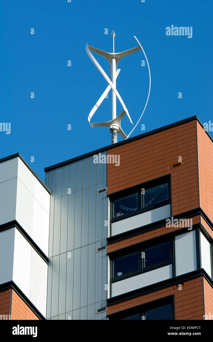 Wind turbine of Aston University student residences building, Birmingham, UK Stock Photo