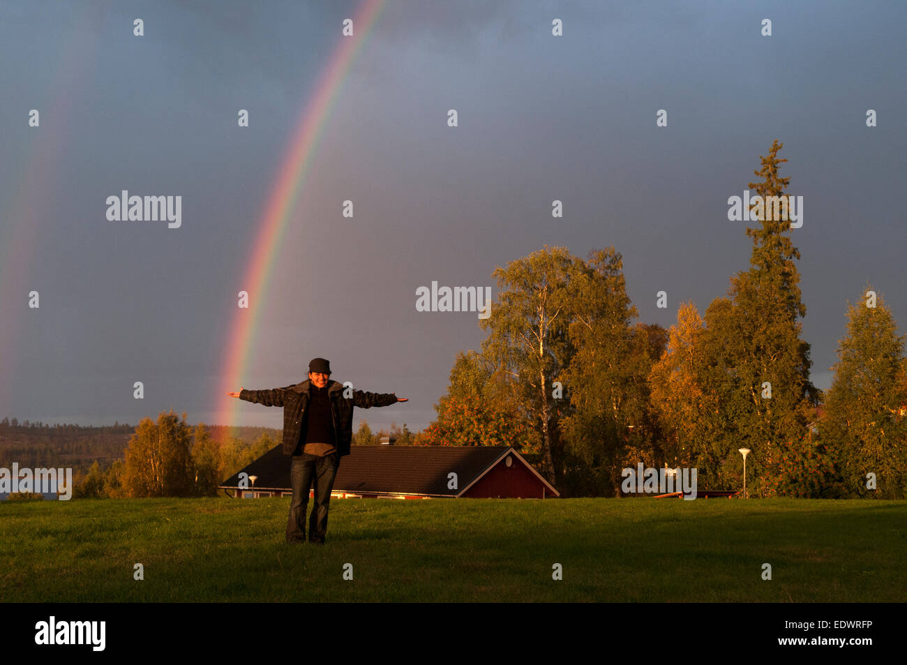 Catching double rainbows in Sweden. Stock Photo