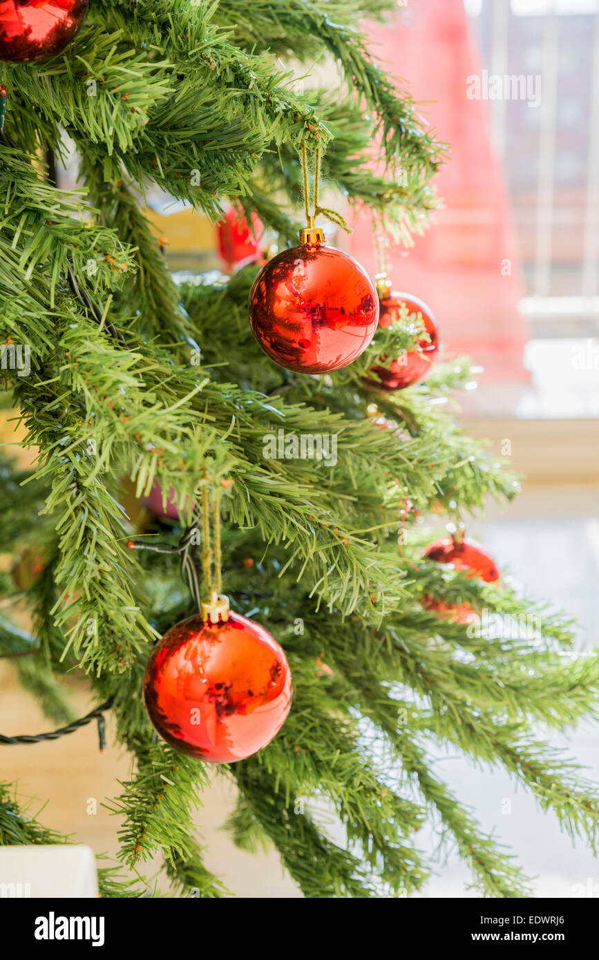 Christmas tree with hanging balls Stock Photo