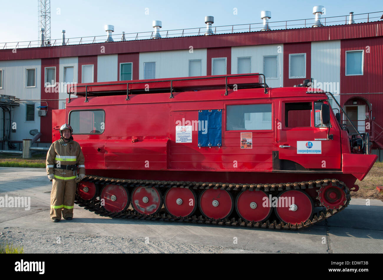 Fire exercises are usual  in the Yuzhno-Russkoye gas field in the Russian tundra of Krasnoselkupsky district in northern Siberia Stock Photo