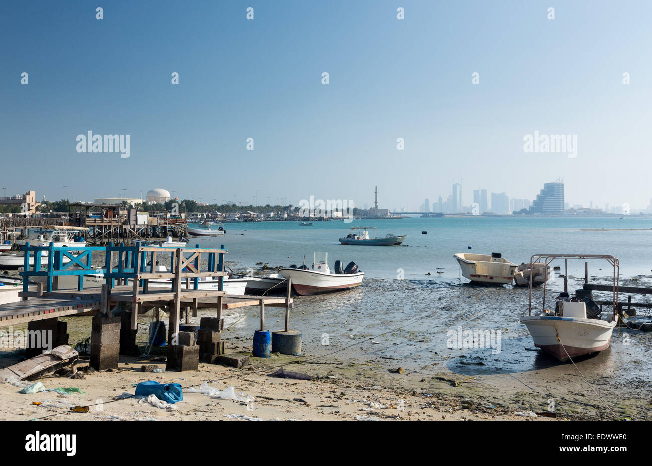 Ramshackle fishermans hut or shack on waterside overlooking Manama, Bahrain, Middle East Stock Photo