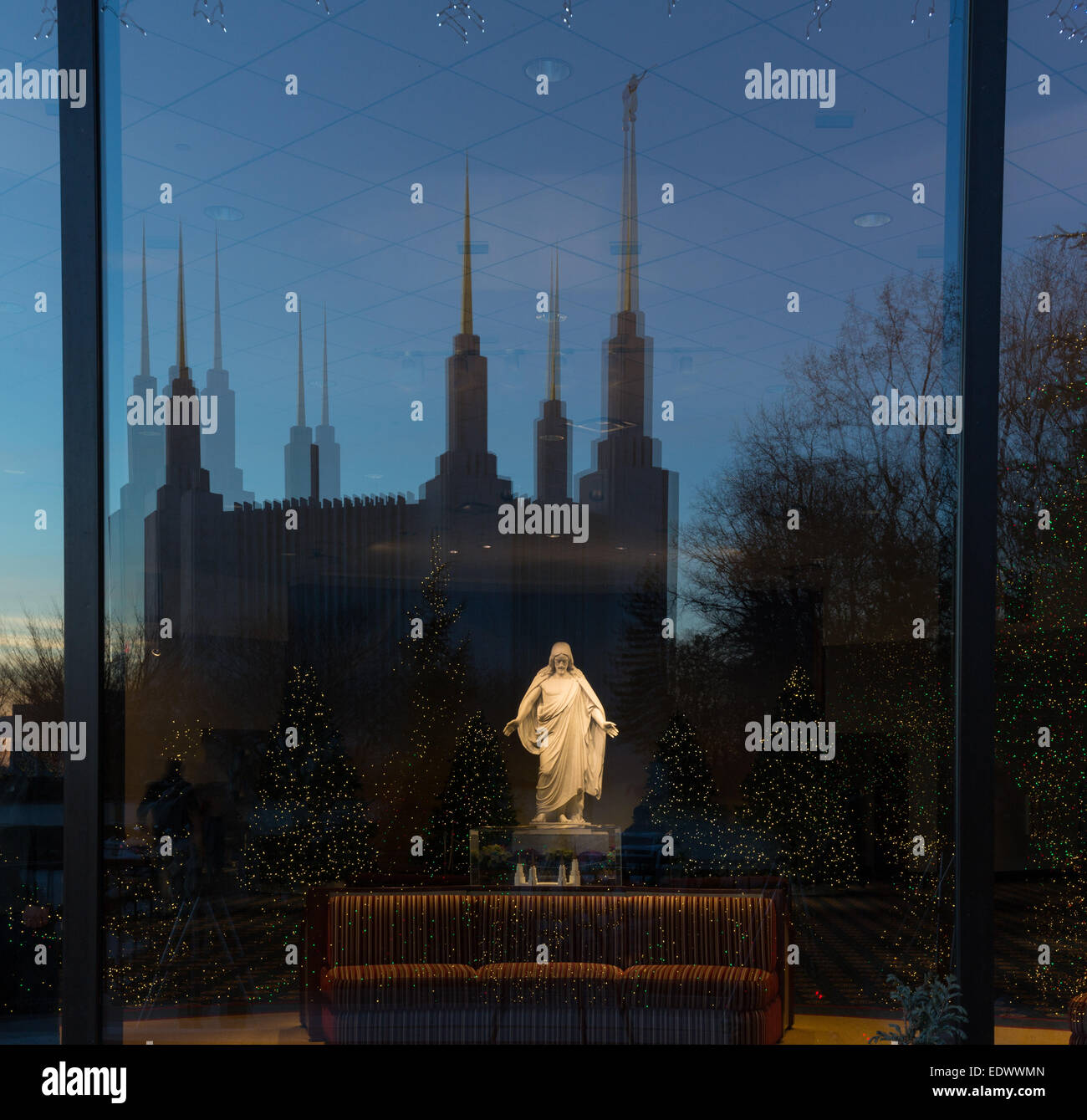 Reflection with statue of Christ at Washington DC Temple or Church of