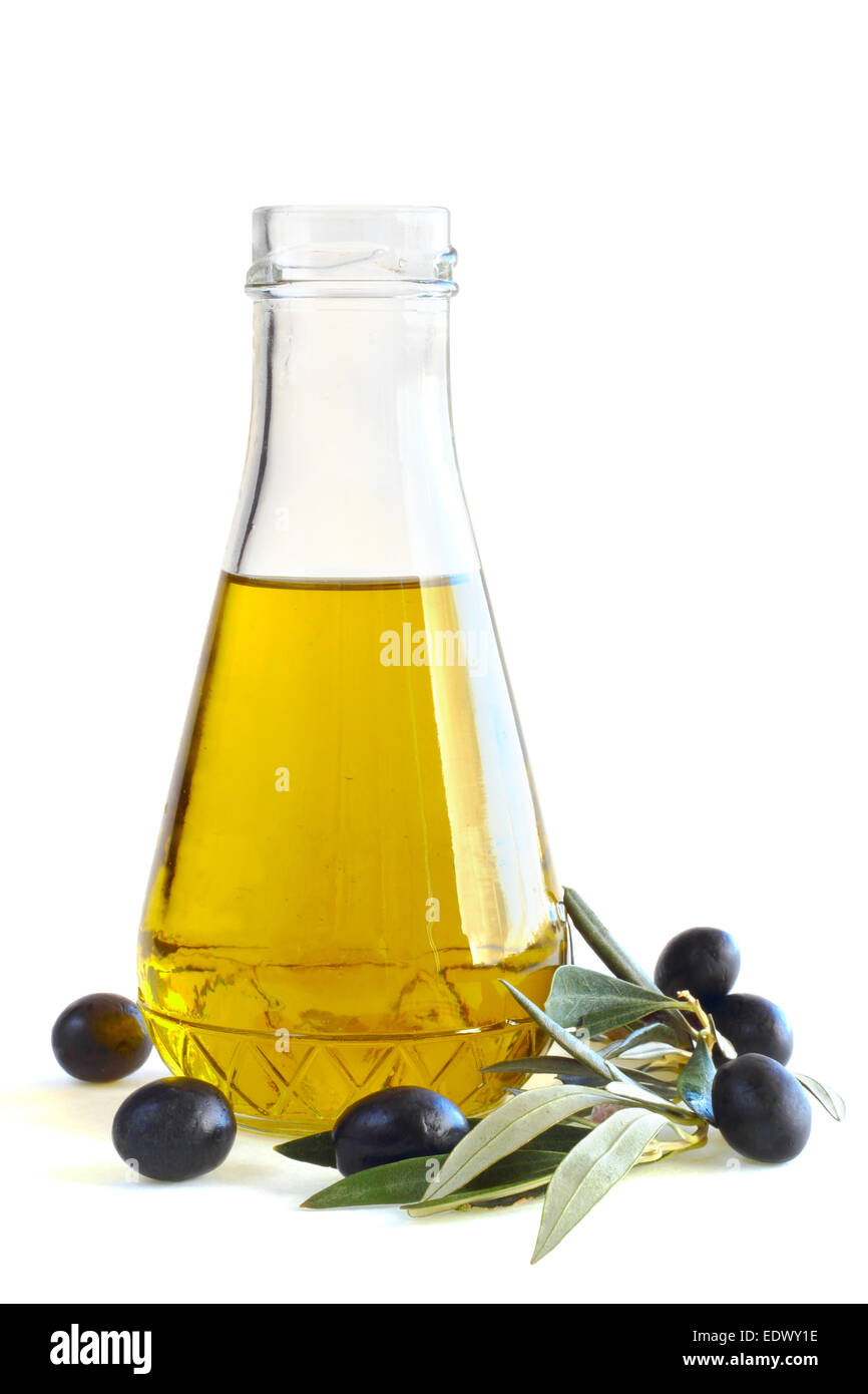Bottle of olive oil and black olives isolated on white background Stock Photo