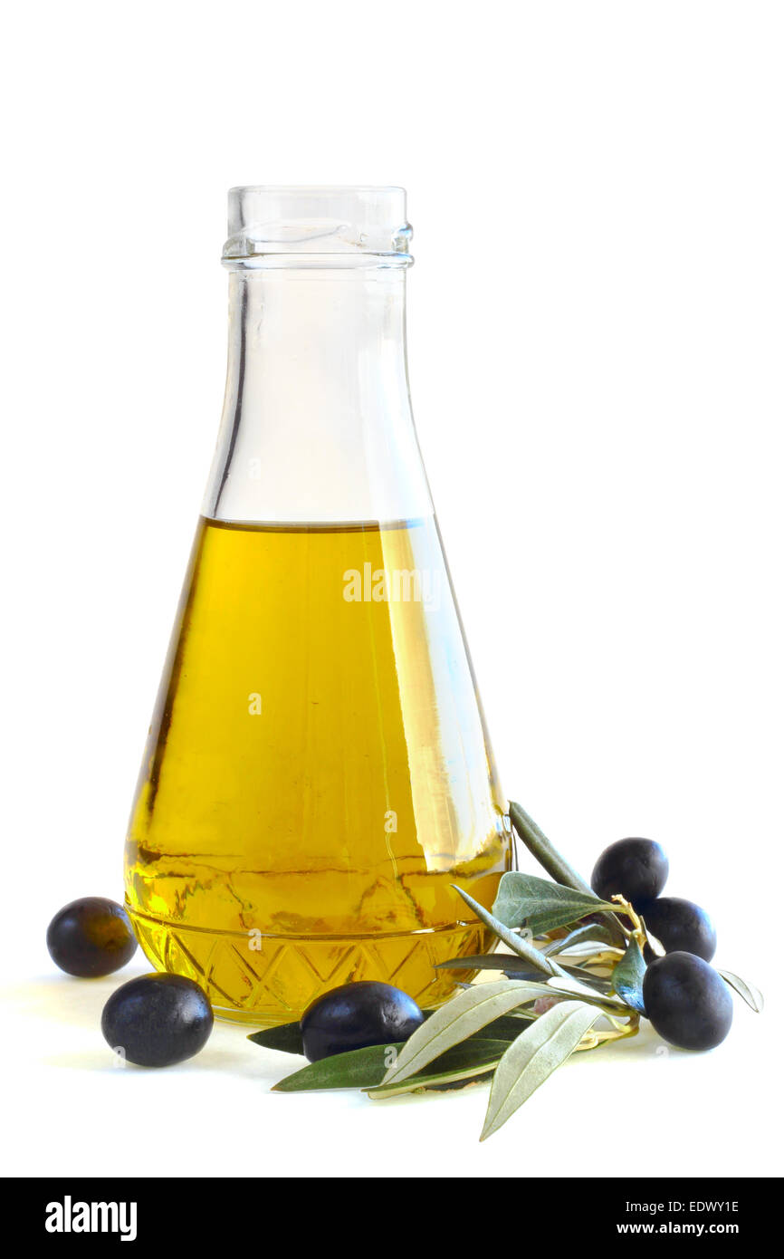 Bottle of olive oil and black olives isolated on white background Stock ...