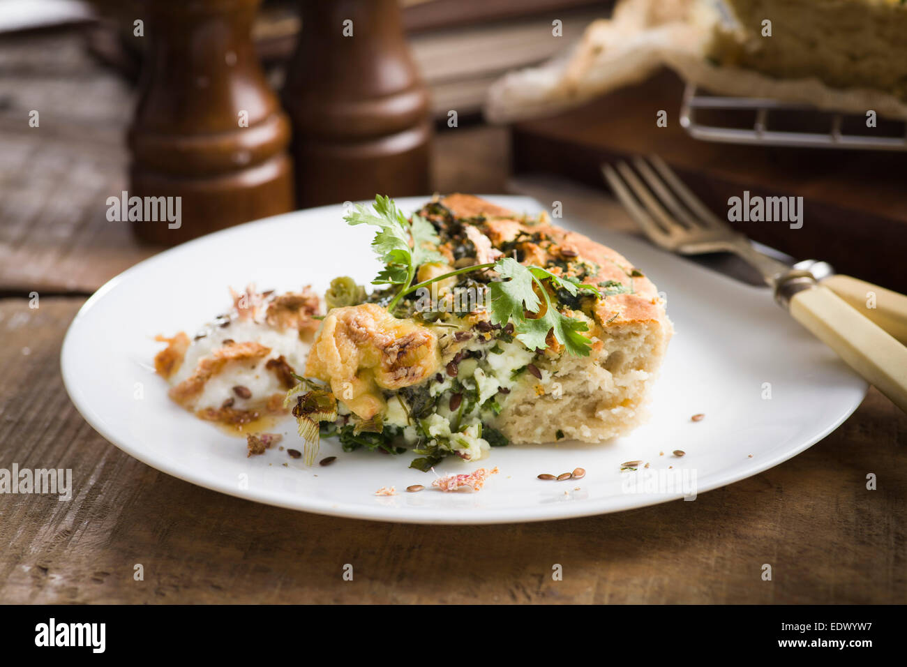 The recipe of potato and cheese pie with herbs and sour creme Stock Photo