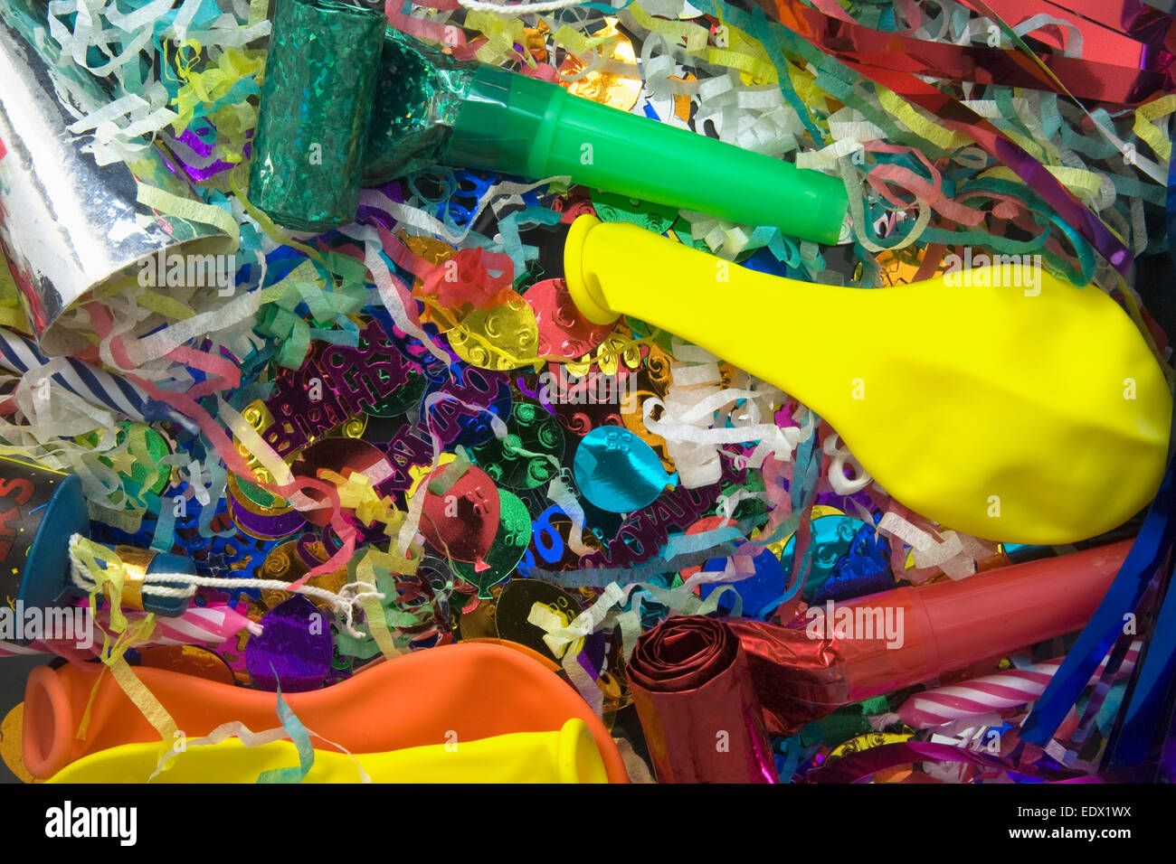 Close up shot of party decorations,Party Poppers,Horn Blowers,streamers,Balloons, Stock Photo