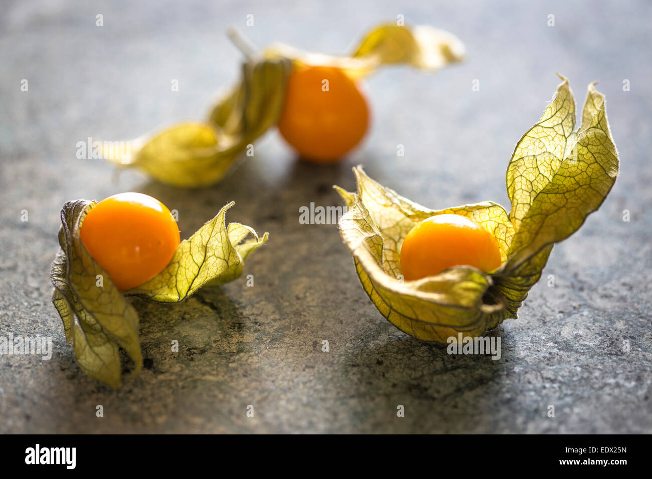 grouping of 3 physalis berries with delicate papery husk on green marble Stock Photo