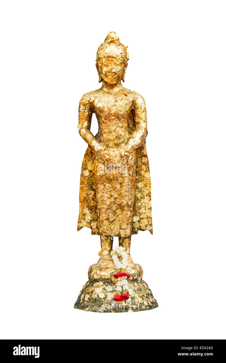 Statue of buddha and garland at thai temple ,Bangkok ,Thailand Stock Photo