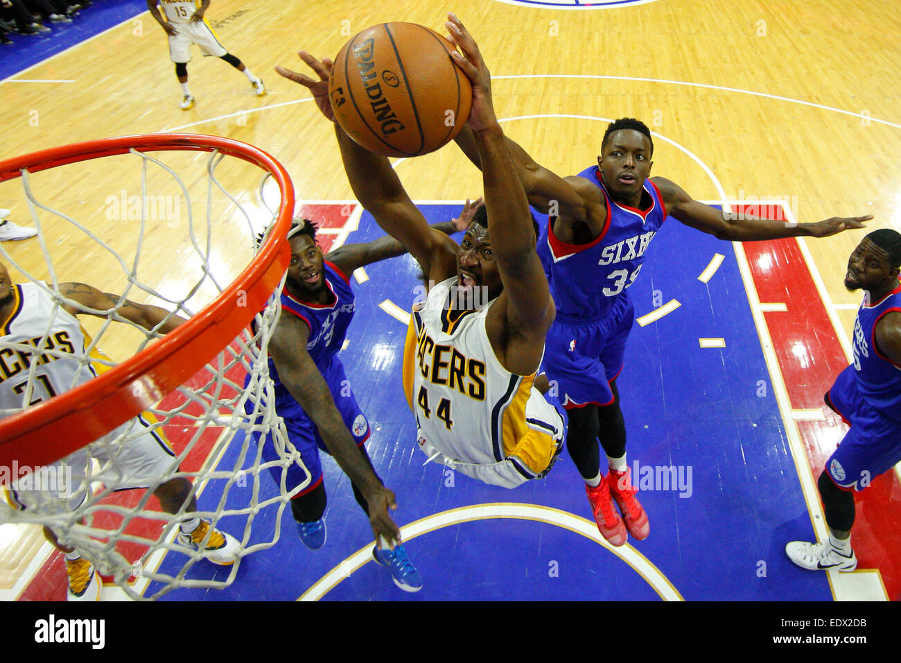 January 10, 2015: Indiana Pacers forward Solomon Hill (44) goes up for the shot as Philadelphia 76ers forward Jerami Grant (39) comes up from behind to block it during the NBA game between the Indiana Pacers and the Philadelphia 76ers at the Wells Fargo Center in Philadelphia, Pennsylvania. The Philadelphia 76ers won 93-92. Stock Photo