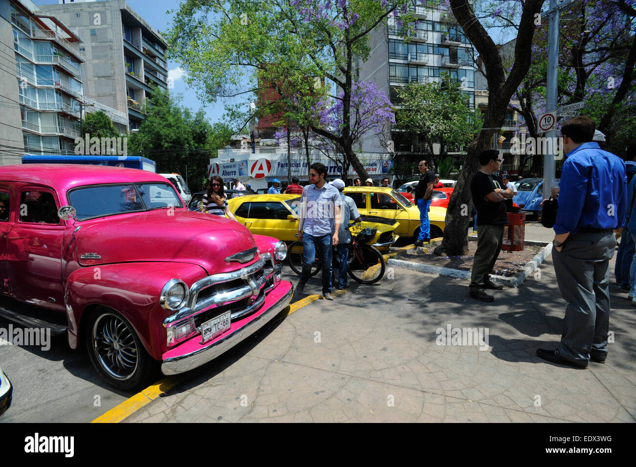 Vintage car show in Mexico City near Mexico Park in the Condesa area of the city. Stock Photo