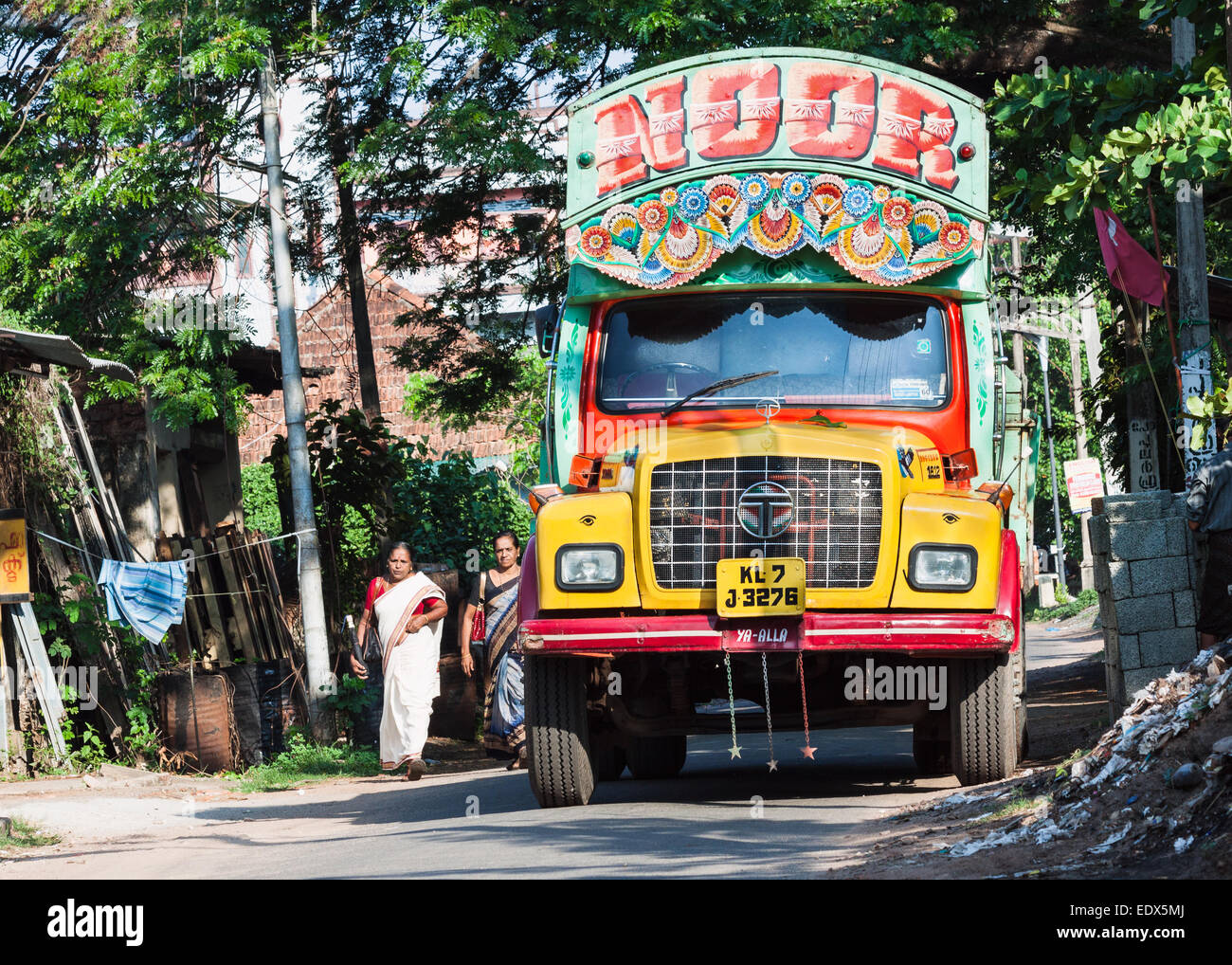Colorful decorated Tata truck in Alappuzha, Kerala state of southern India. Stock Photo