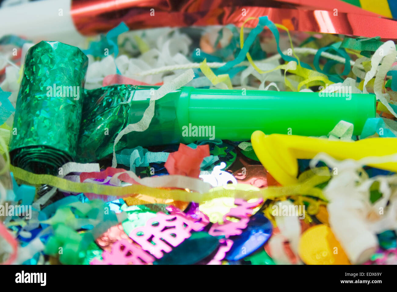 Close up shot of party decorations,Horn Blowers,streamers,Balloons, Stock Photo