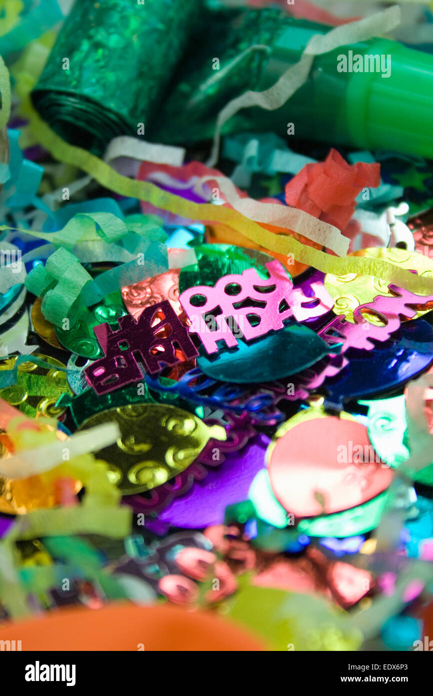Close up shot of party decorations,Horn Blowers,streamers,Balloons, Stock Photo