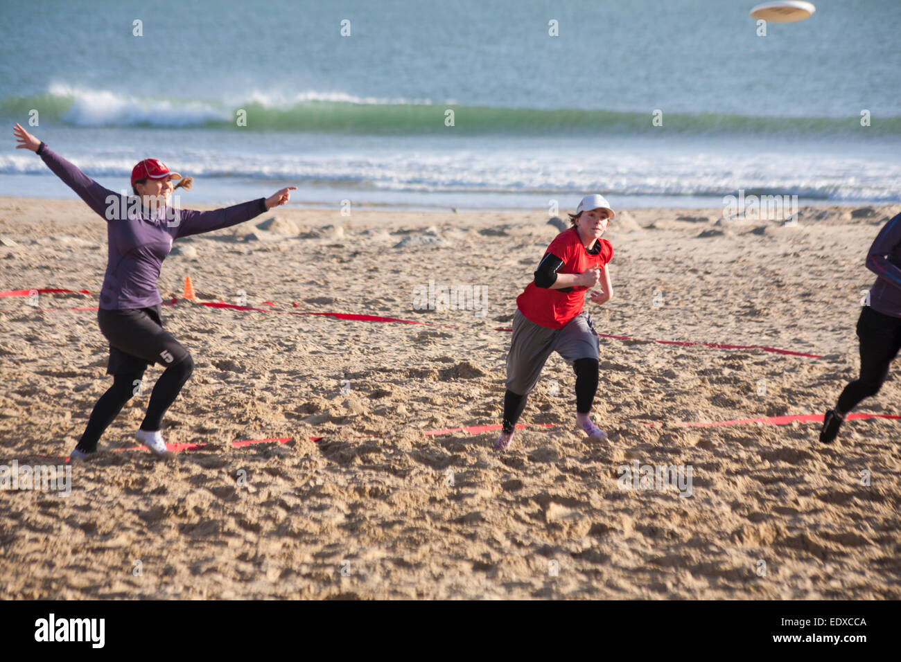 Sandbanks beach, Poole, Dorset, UK. 11th January, 2015. Ultimate Frisbee Beach Tournament takes place on Sandbanks beach with ten teams taking part, including four GB teams as part of their training towards the World Championships of Beach Ultimate. Credit:  Carolyn Jenkins/Alamy Live News Stock Photo