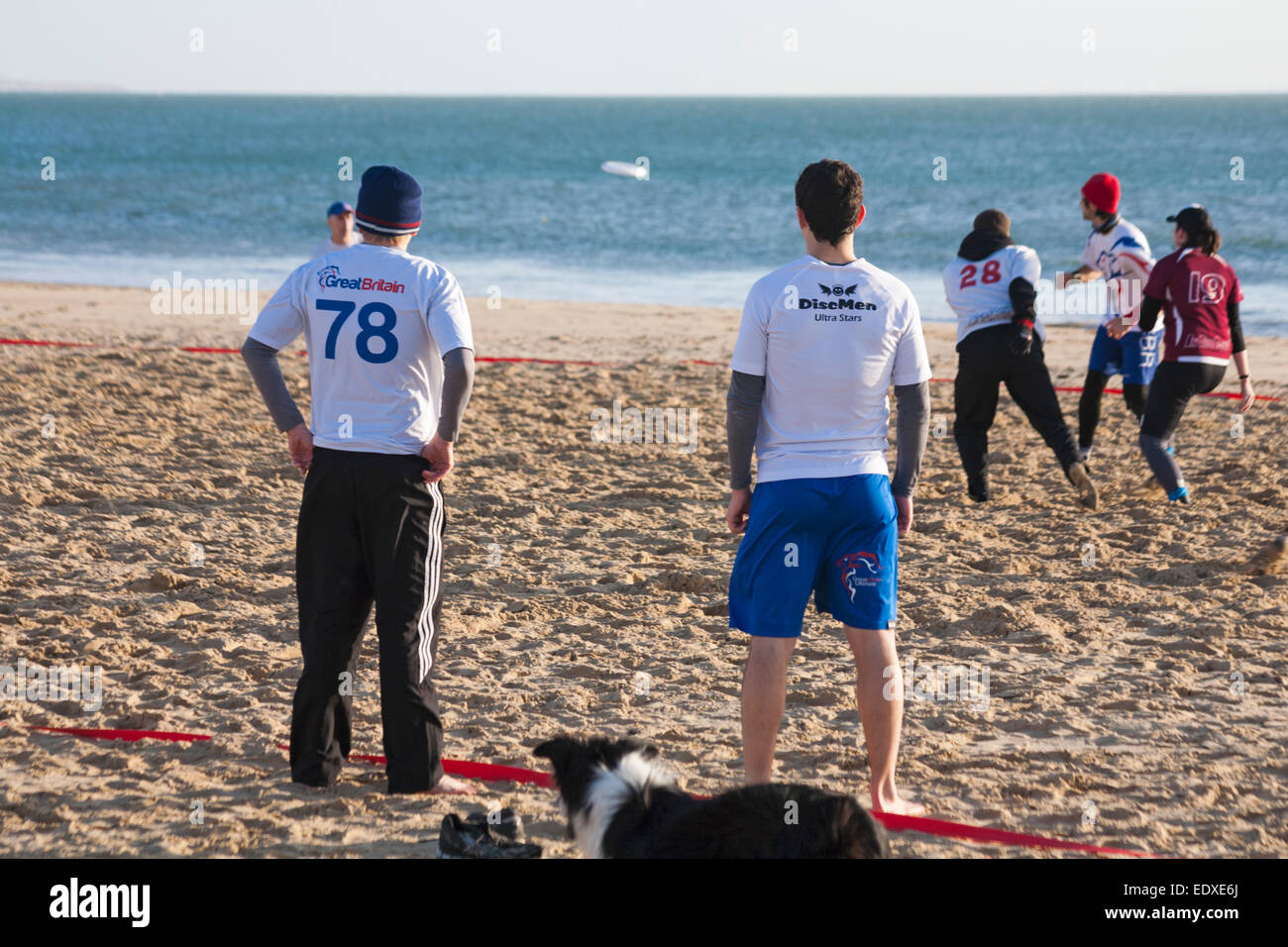 Sandbanks beach, Poole, Dorset, UK. 11th January, 2015. Ultimate Frisbee Beach Tournament takes place on Sandbanks beach with ten teams taking part, including four GB teams as part of their training towards the World Championships of Beach Ultimate. Credit:  Carolyn Jenkins/Alamy Live News Stock Photo
