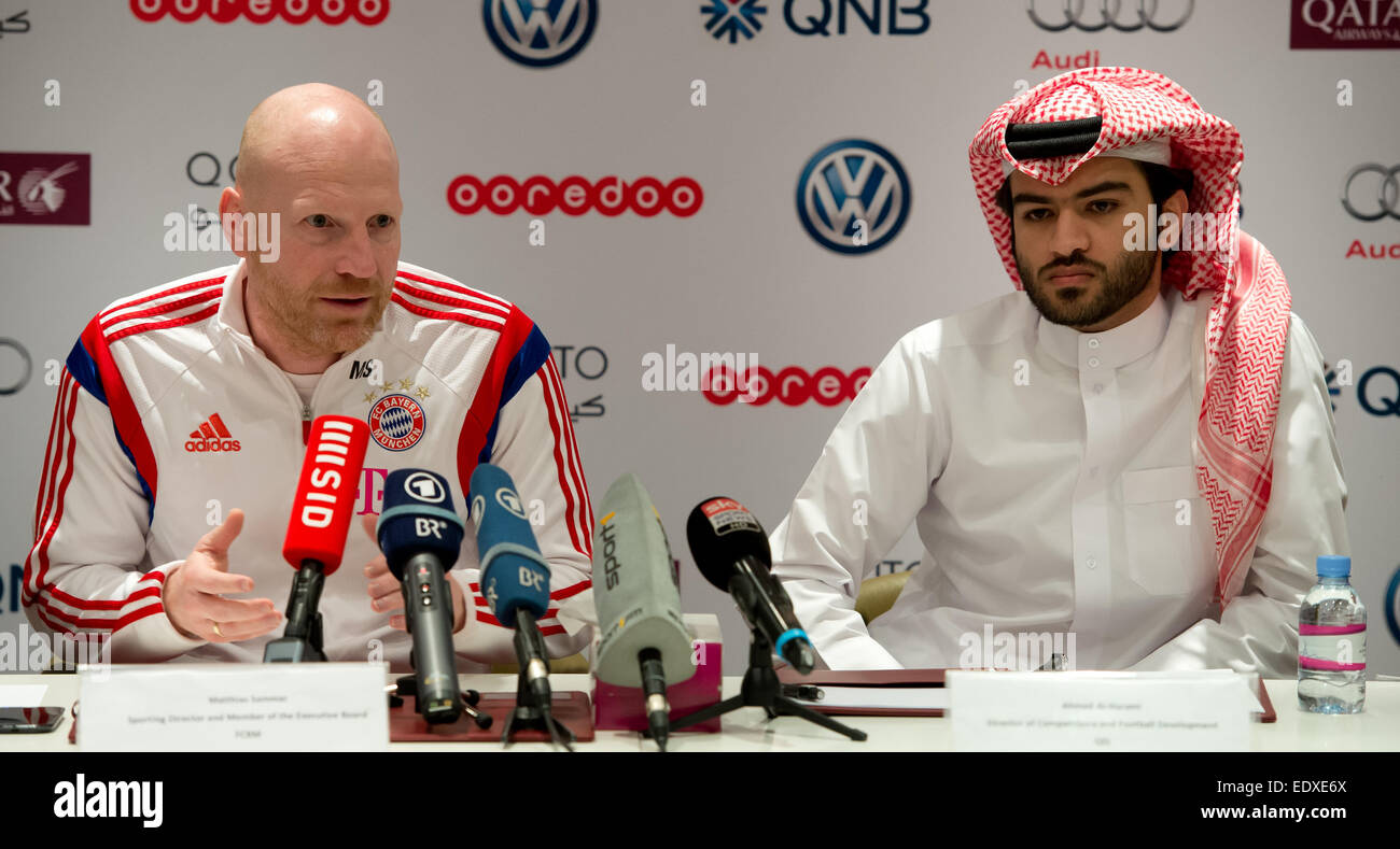 Doha, Qatar. 11th Jan, 2015. Munich's sporting director Matthias Sammer (L) and Ahmed Al-Harami, QSL Director of Competitions and Football Development, attend a press conference in Doha, Qatar, 11 January 2015. Bayern Munich stays in Qatar until 17 January 2015 to prepare for the second half of the German Bundesliga season. PHOTO: SVEN HOPPE/dpa/Alamy Live News Stock Photo