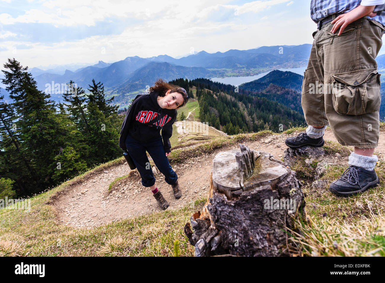 Man and woman hiking in Bavarian Alps Stock Photo