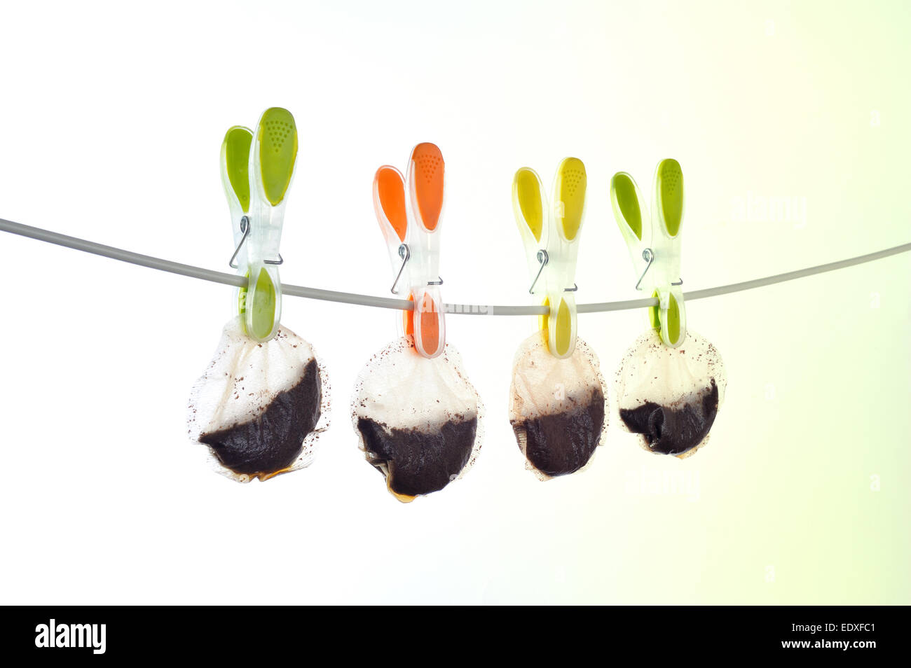 Used tea bags hanging out to dry to be reused in time of austerity