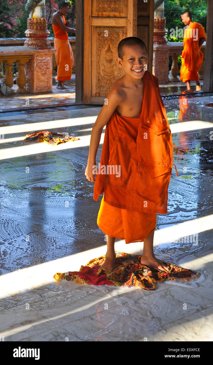Morning Temple Cleaning, Cambodia Stock Photo