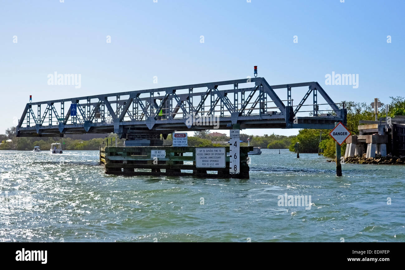 The vintage one-lane Blackburn Point Road Bridge was erected in 1926 and is one of only three historic swing truss bridges in Florida, USA. Stock Photo