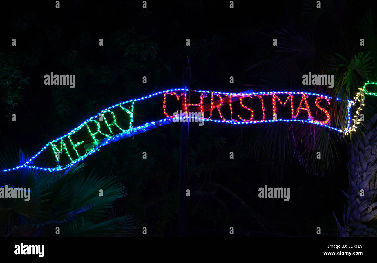 A homeowner in Florida, USA, uses strings of colored holiday lights to spell 'Merry Christmas' in front of tropical trees in his yard. Stock Photo