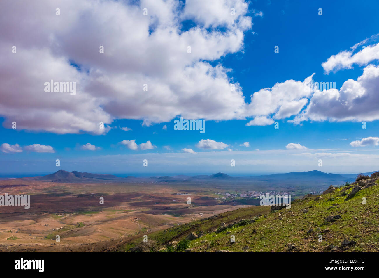 View across the  distant mountains with the sea in the distance in  Fuerteventura Canary islands Las palmas Spain Stock Photo