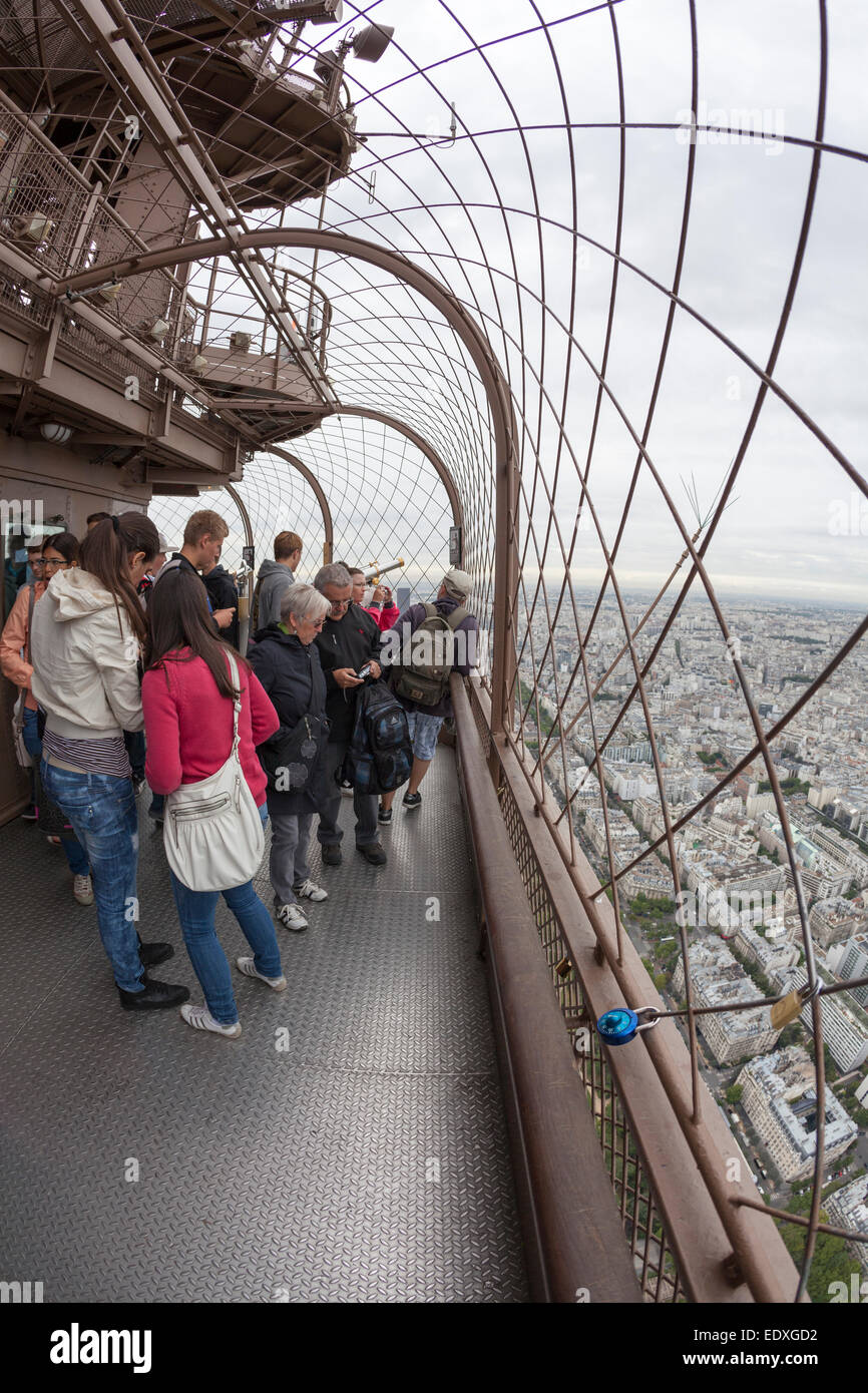 France, Paris, people on the observation deck at the top of the Eiffel