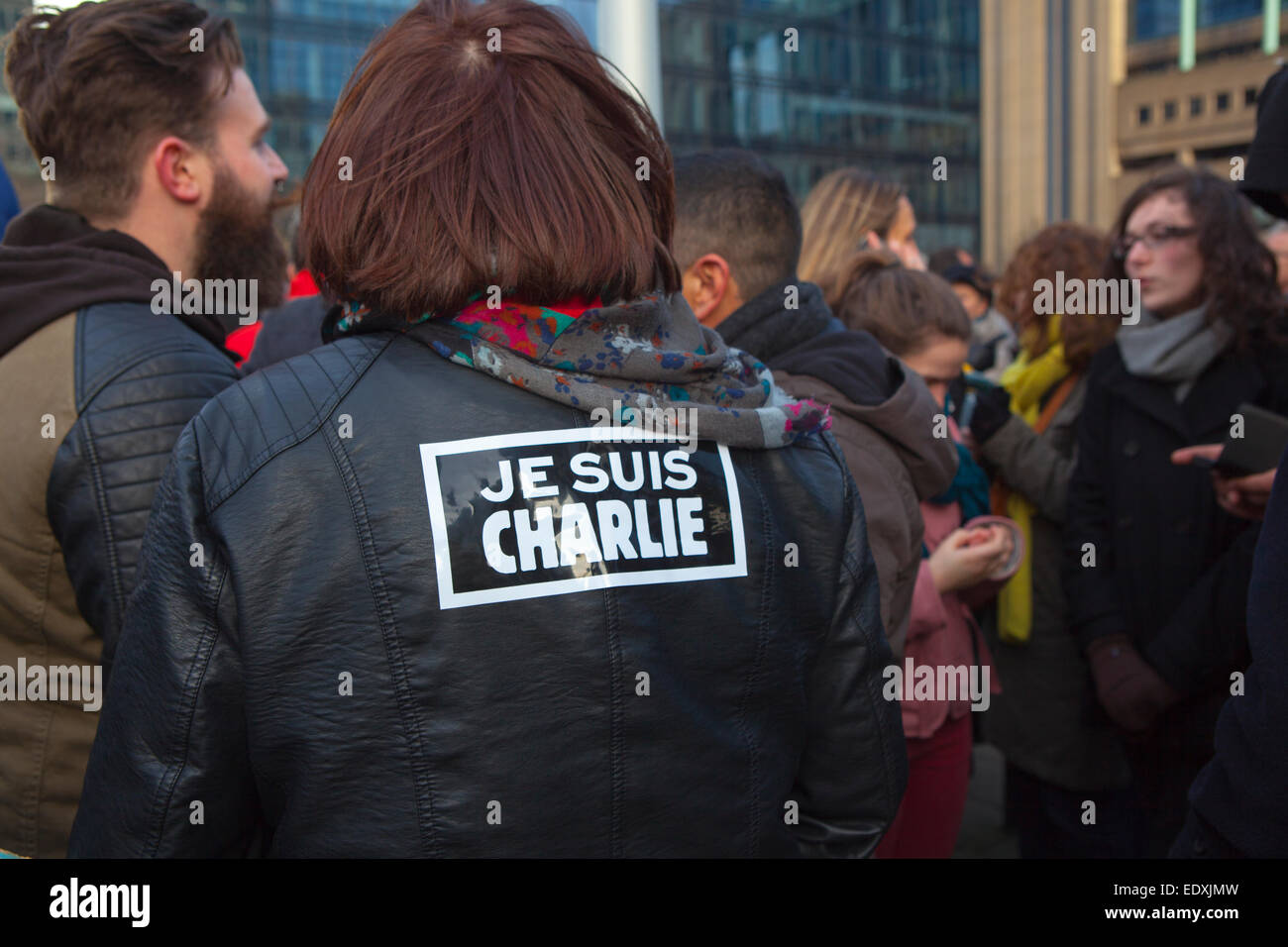 Brussels, Belgium. 11th Jan, 2015. 20,000 people attend #JeSuisCharlie March in Brussels, bringing together different cultures and religions following the attack on the Charlie Hebdo satirical magazines offices in Paris and the subsequent hostage taking at a Jewish shop. Brussels, a multicultural city, and Europe’s comics capital, has suffered its one sectarian attacks in current times, when four people were shot and killed at the city's Jewish museum in May 2014. Credit:  deadlyphoto.com/Alamy Live News Stock Photo