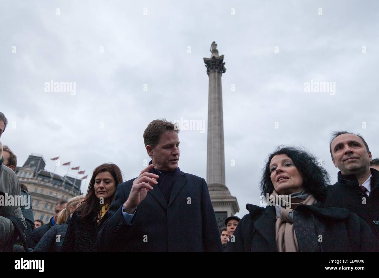 London, UK. 11th January 2015. Nick Clegg, Boris Johnson and the French ambassador Sylvie Bermann attend Unity rally in Trafalgar Square. Credit:  nelson pereira/Alamy Live News Stock Photo