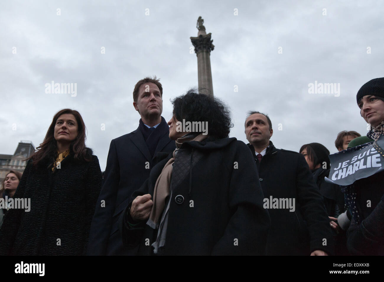 London, UK. 11th January 2015. Nick Clegg, Boris Johnson and the French ambassador Sylvie Bermann attend Unity rally in Trafalgar Square. Credit:  nelson pereira/Alamy Live News Stock Photo