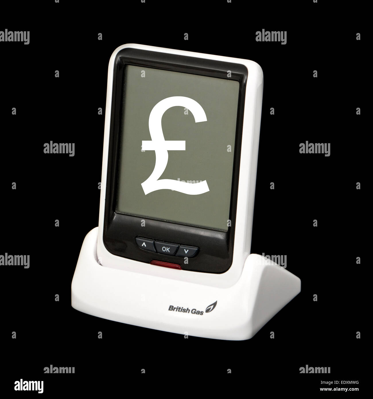 British Gas smart meter (real-time electricity monitor) with £-sign superimposed on screen Stock Photo