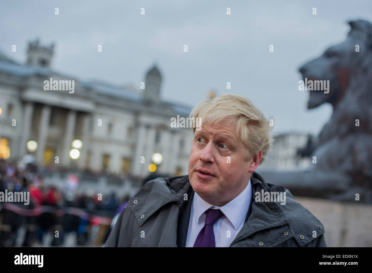 London, UK. 11th Jan, 2015. Nick Clegg and Boris Johnson (pictured)attend to show solidarity. Je suis Charlie/I am Charlie - A largely silent (with the occasional rendition of the Marseilaise)gathering in solidarity with the march in Paris today.  Trafalgar Square, London, UK. Credit:  Guy Bell/Alamy Live News Stock Photo