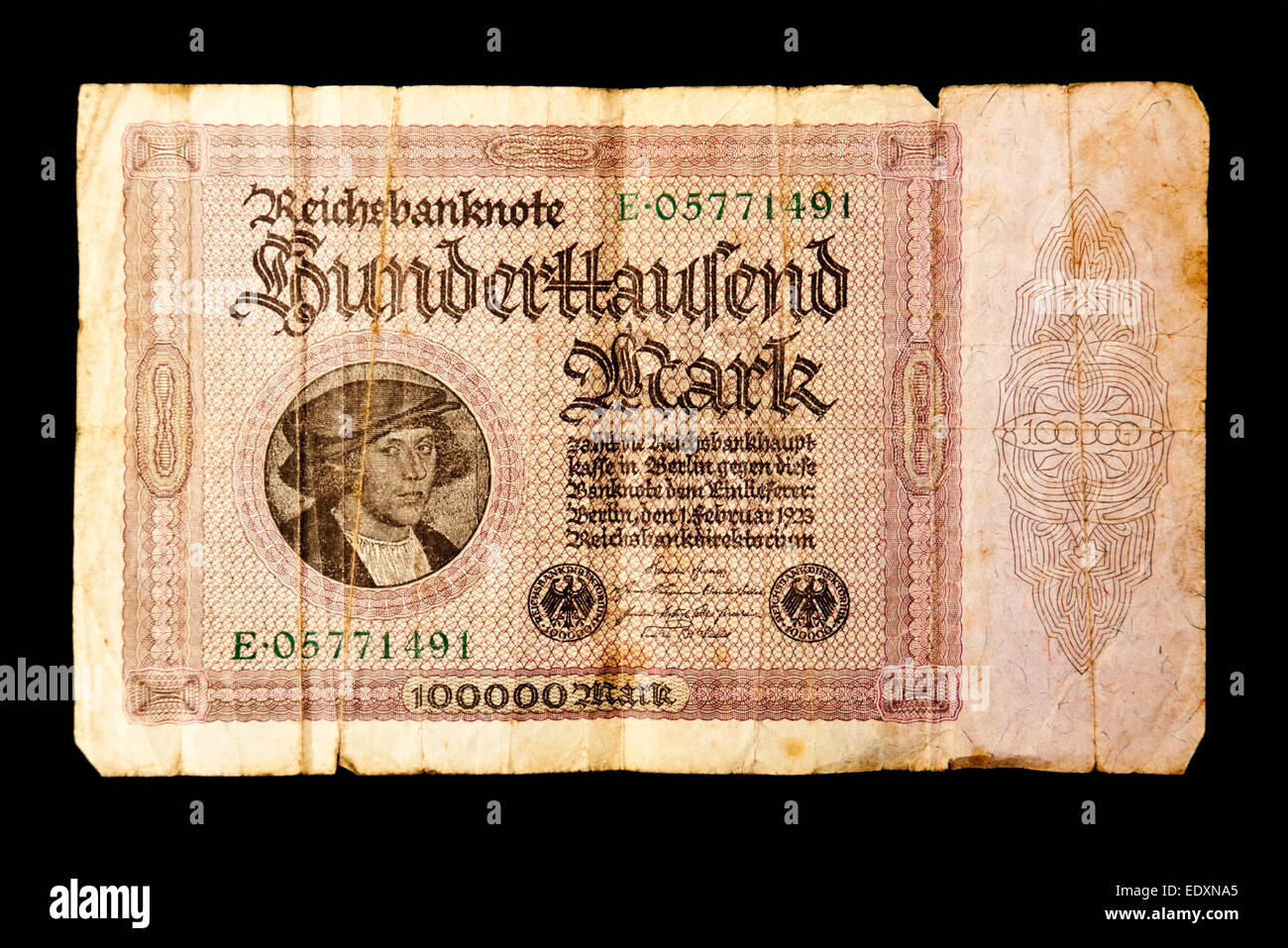 German 100,000 Mark banknote, printed 1st February 1923 during the hyperinflation period of the Weimar Republic Stock Photo