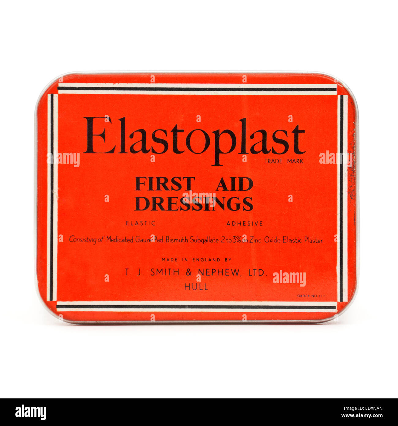 Vintage 'Elastoplast' first aid dressings box, made by T.J. Smith & Nephew Ltd, Hull, England. Stock Photo