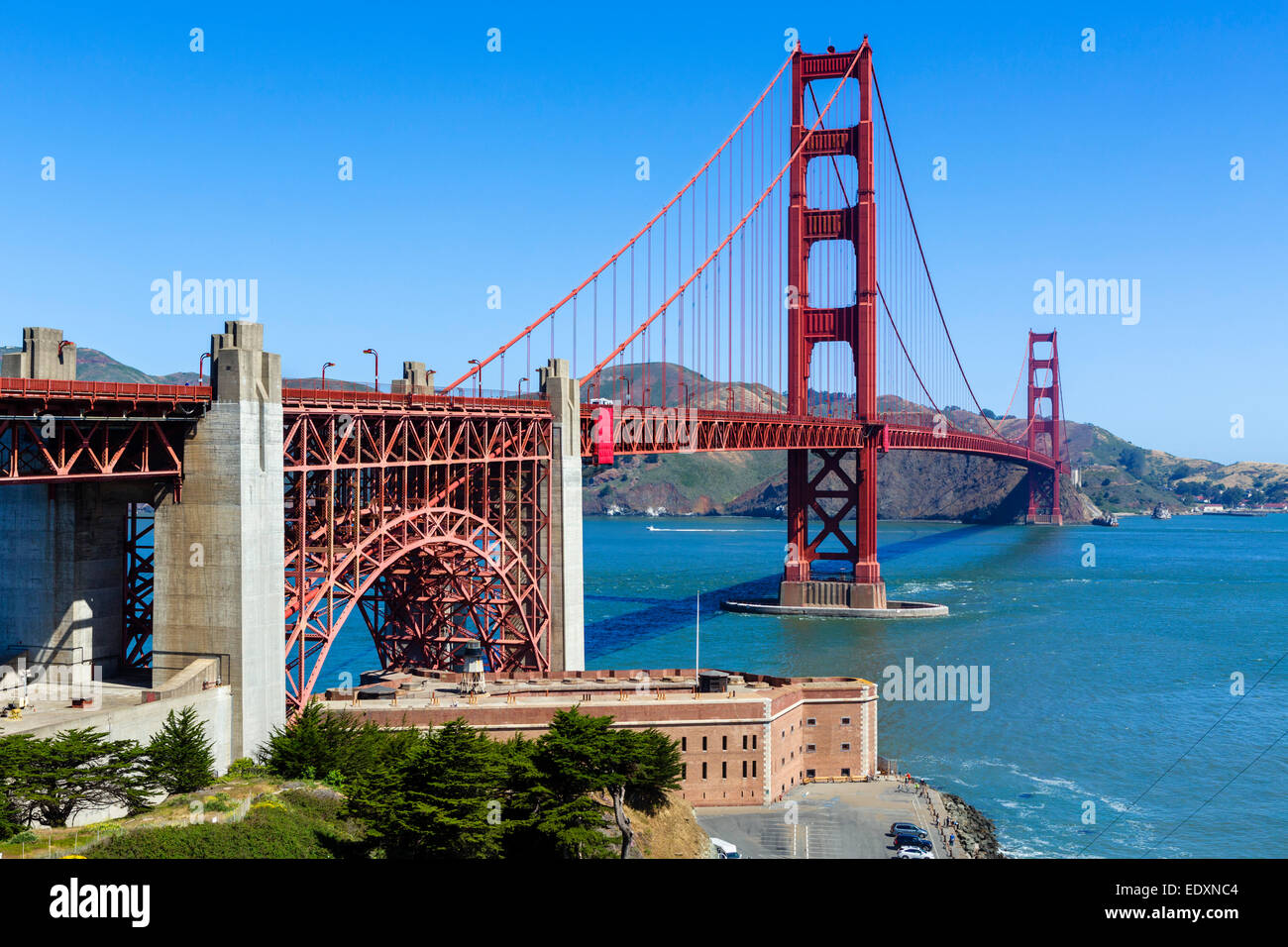 Golden Gate Bridge with Fort Point in the foreground, Presidio park, San Francisco, California, USA Stock Photo