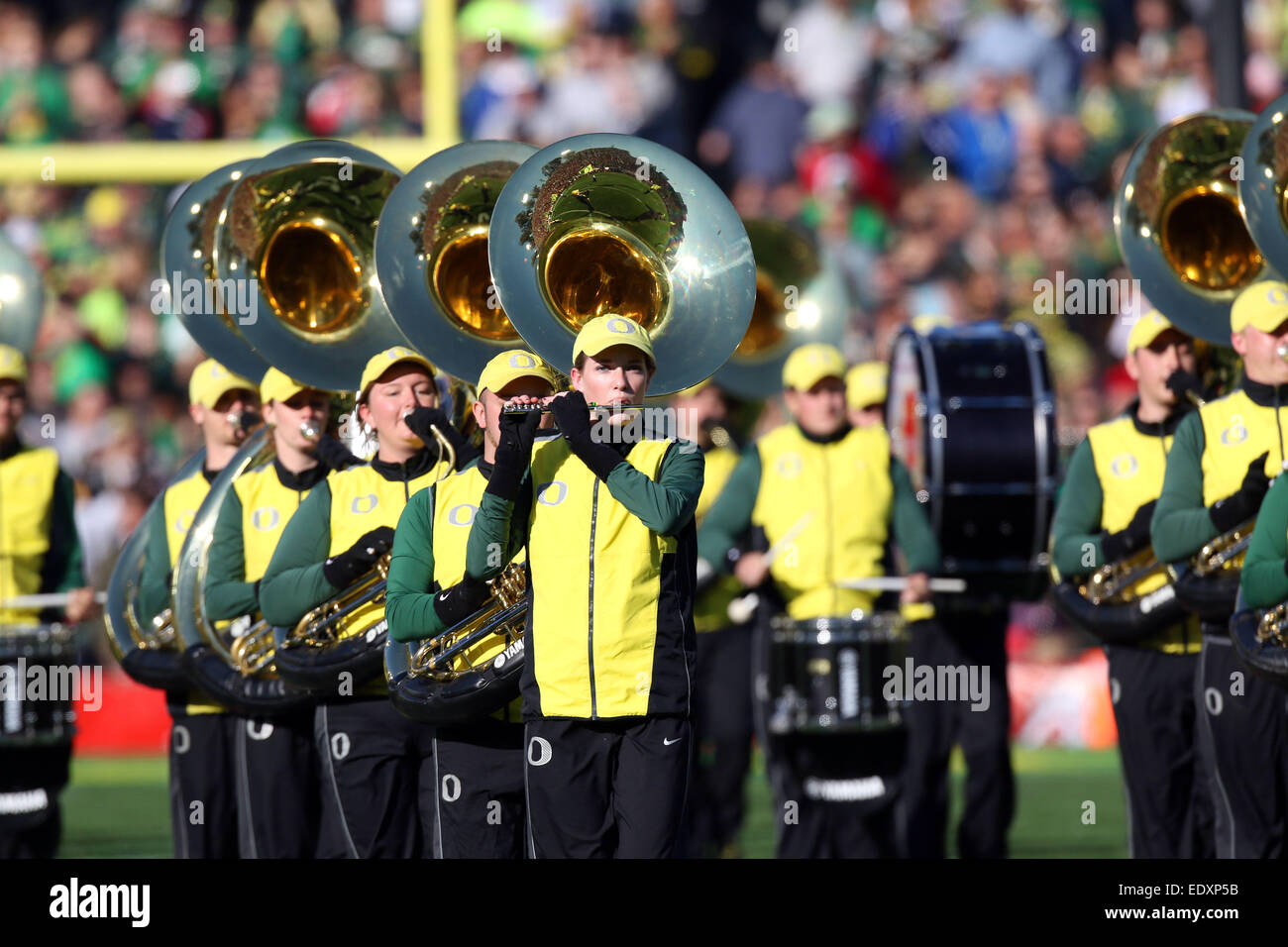 January 01, 2015 Oregon Ducks marching band in action during the College  Football Playoff Semi final at the Rose Bowl Game presented by Northwestern  Mutual at the Rose Bowl in Pasadena, California.Charles