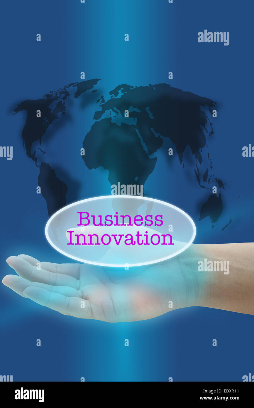 hand hold business innovation virtual button interface with world map background Stock Photo