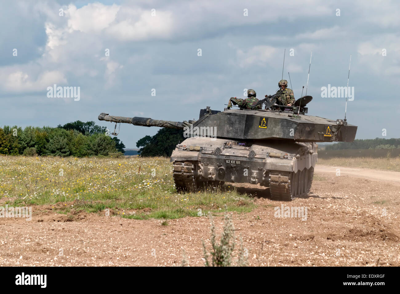 Challenger 2 Main Battle Tank (MBT) of the British Army on exercise on the Salisbury Plain Military Training Area Wiltshire, UK. Stock Photo