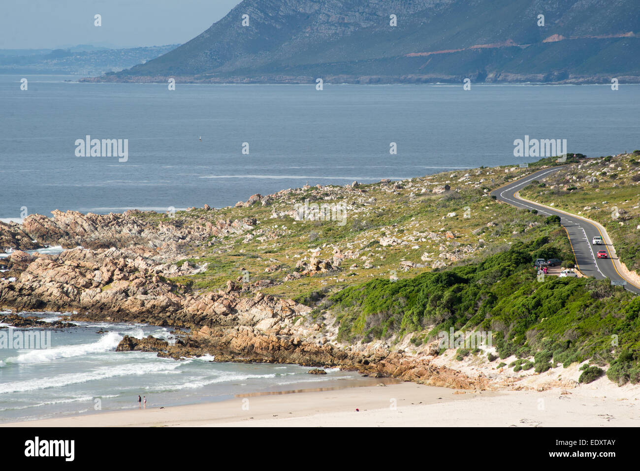 The road to Rooi Els on False Bay, with the Rooi Els Beach in the foreground, and Somerset West in the top left. Stock Photo