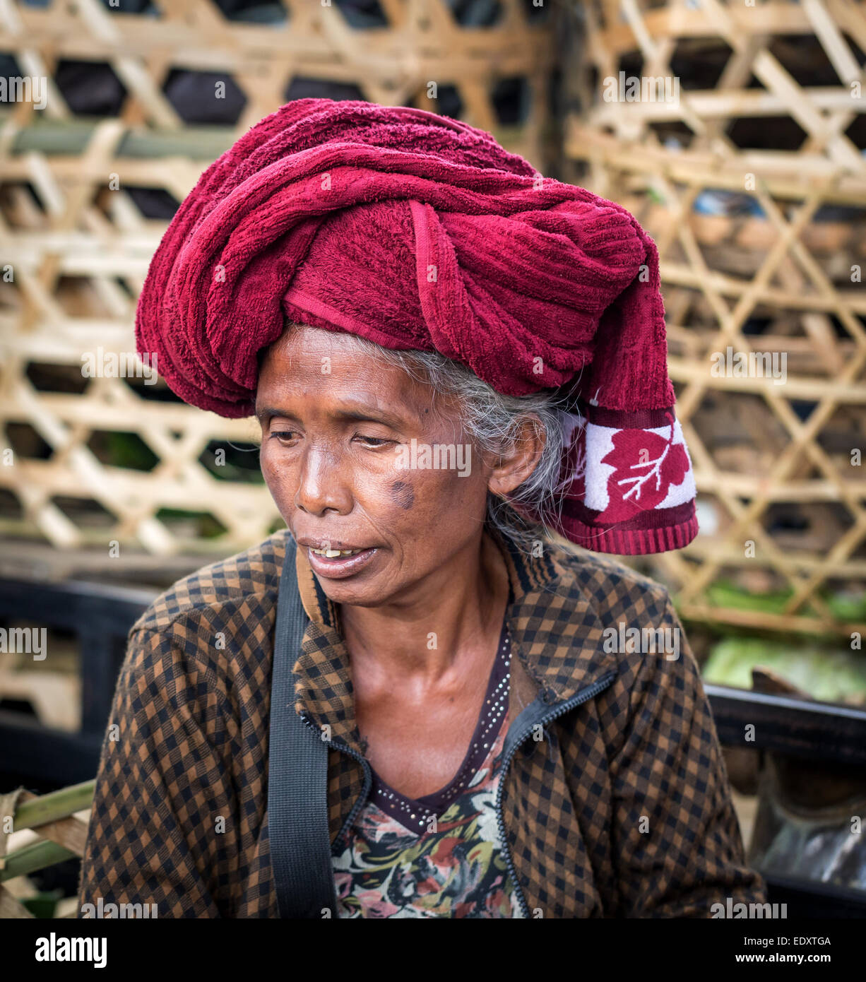 Portrait of elderly woman wearing a head scarf, Ubud district, Bali, Indonesia Stock Photo