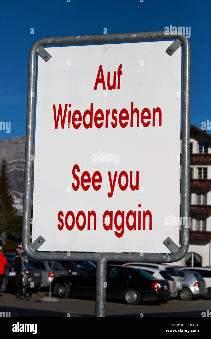 auf wiedersehen see you soon again sign at the exit of Flumserberg Tannenboden ski resort switzerland Stock Photo
