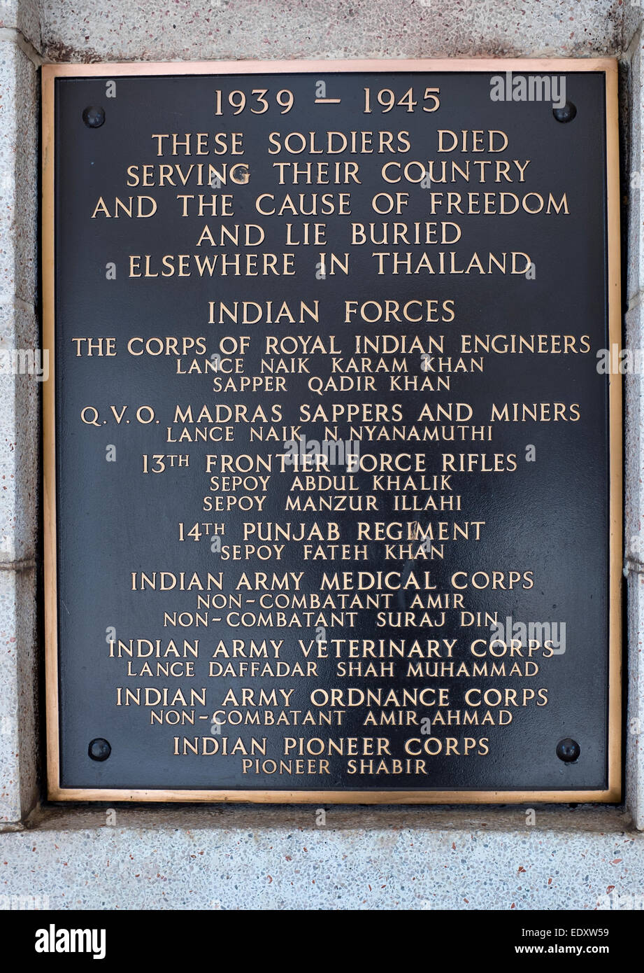 Indian Forces Memorial Plaque at the Kanchanaburil War Cemetery Stock Photo