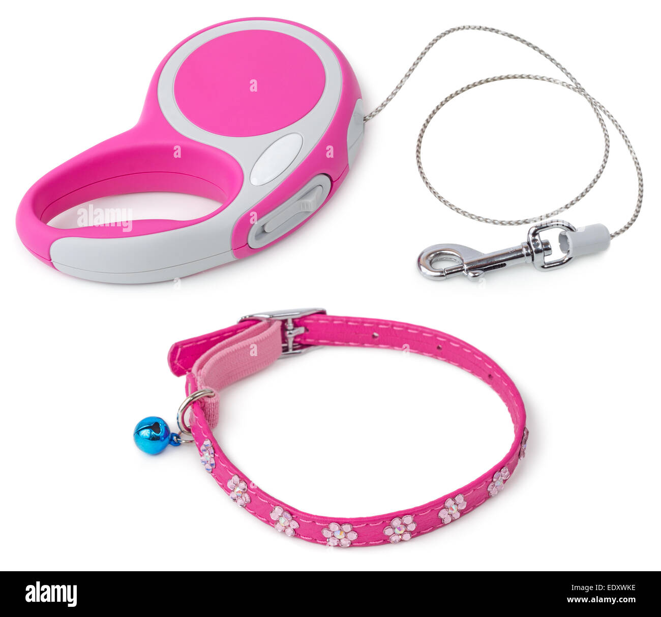 Pink retractable leash for dog and jeweled collar with bell isolated on white background Stock Photo