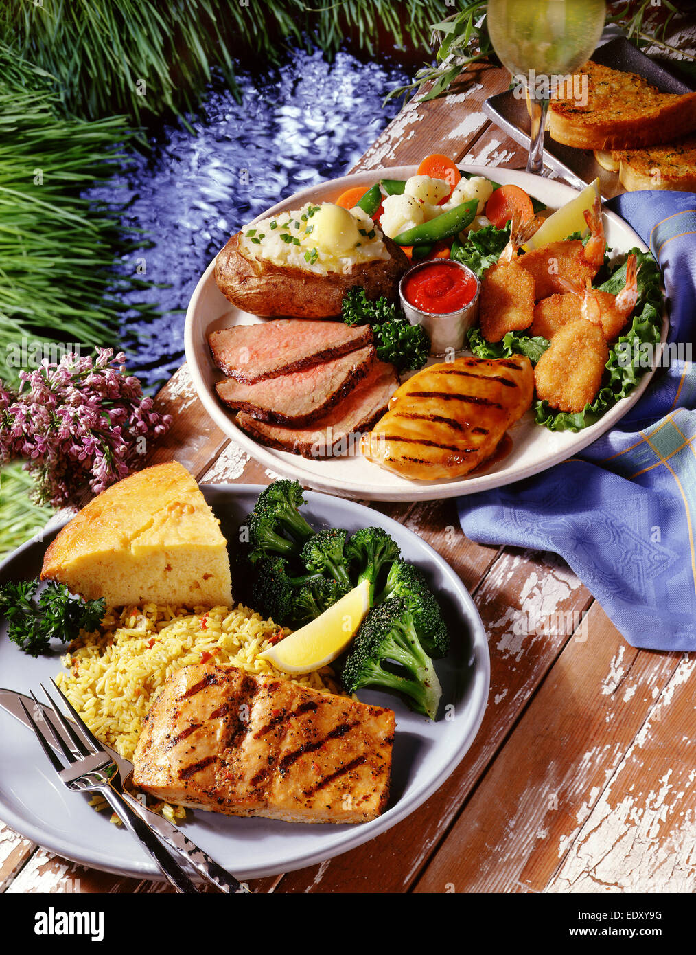 Salmon and beef dinners Stock Photo
