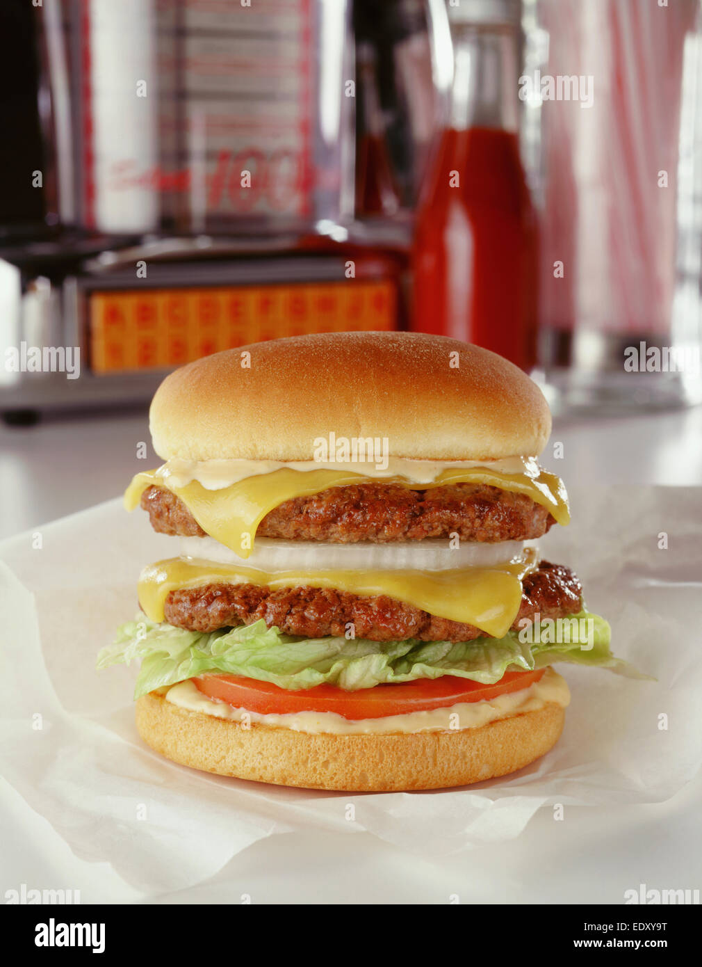 Double cheese burger in diner Stock Photo
