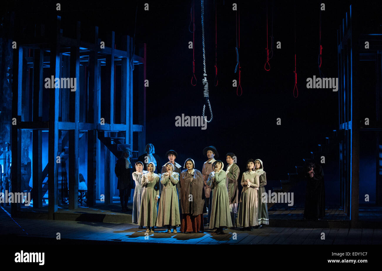 Beijing, China. 11th Jan, 2015. Performers stage a Chinese version of 'The Crucible', a drama by U.S. playwright Arthur Miller, in Beijing, capital of China, Jan. 11, 2015. 'The Crucible' is a play on the Salem witch trials that took place in colonial Massachusetts between 1692 and 1693. This Chinese version is directed by Wang Xiaoying of the National Theatre of China. Its public performance is scheduled from Jan. 14 to 18 at the National Centre for the Performing Arts in Beijing. © Li Yan/Xinhua/Alamy Live News Stock Photo