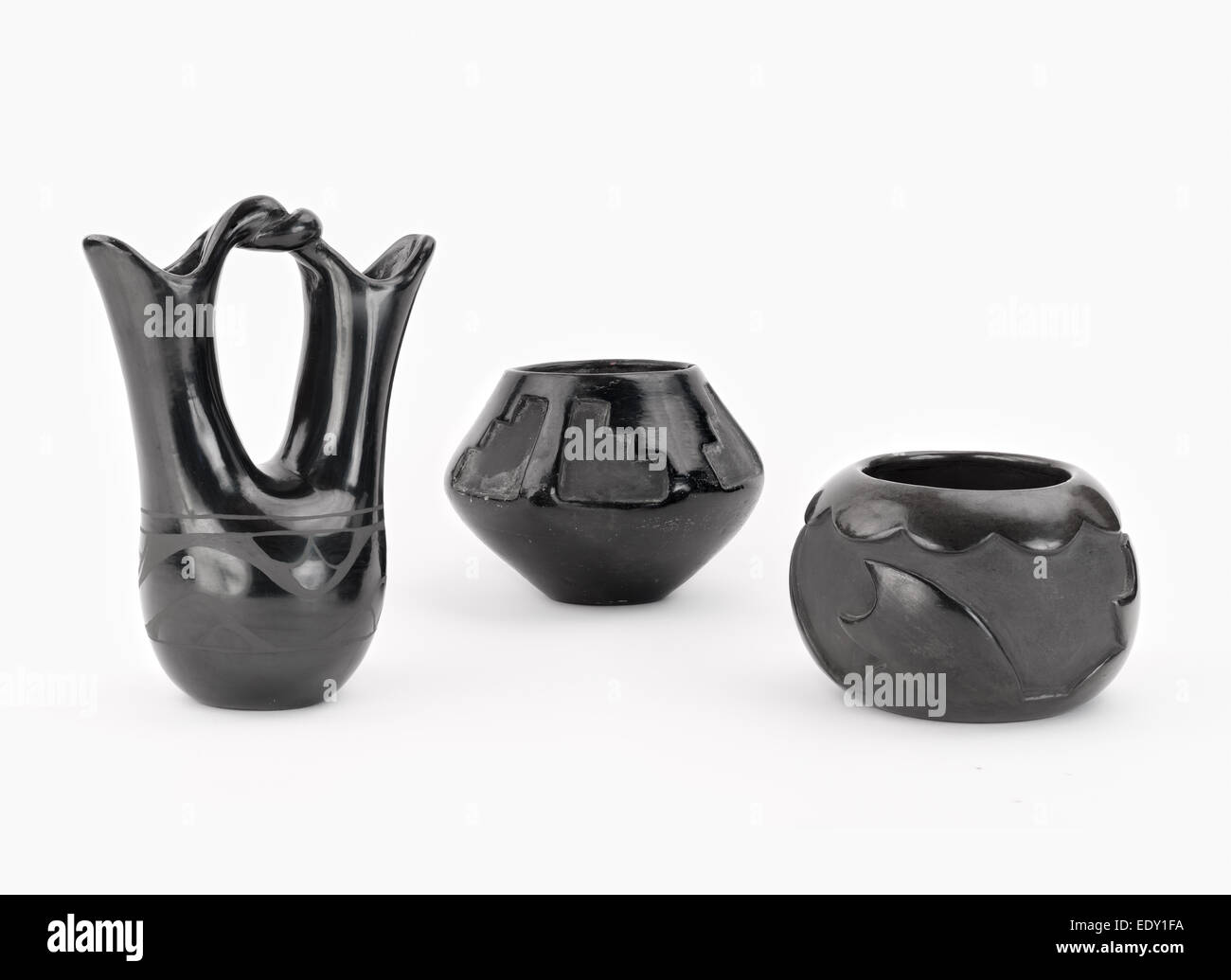 Three Pieces of Black, Native American Pottery. Stock Photo