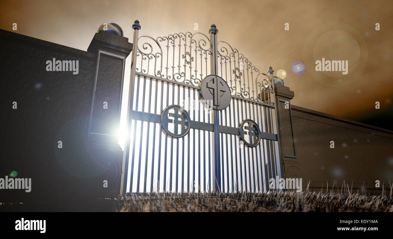 The concept visual of the pearly gates to heaven infront of an ethereal spotlight Stock Photo