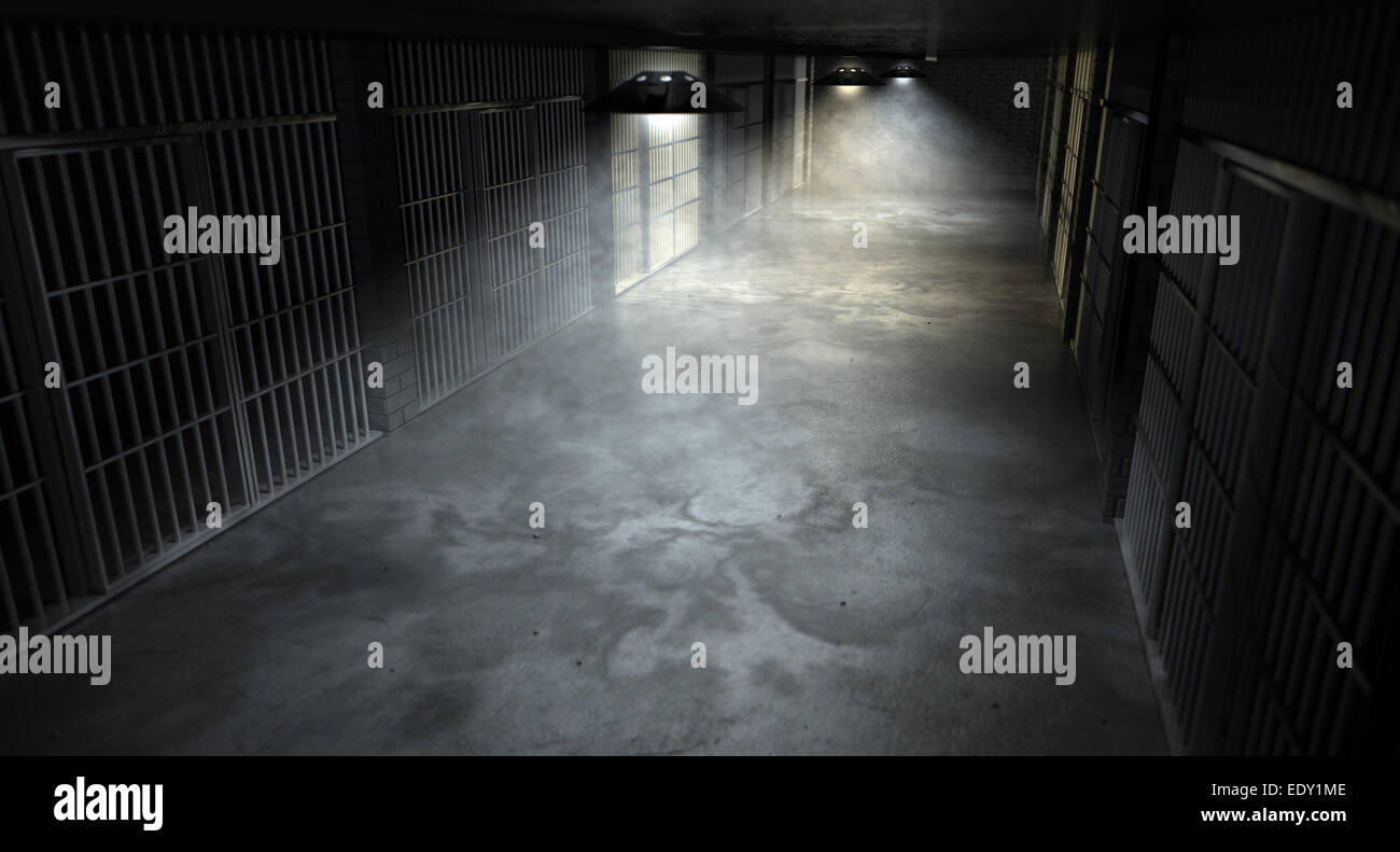 A concept image of an eerie corridor in a prison at night showing jail